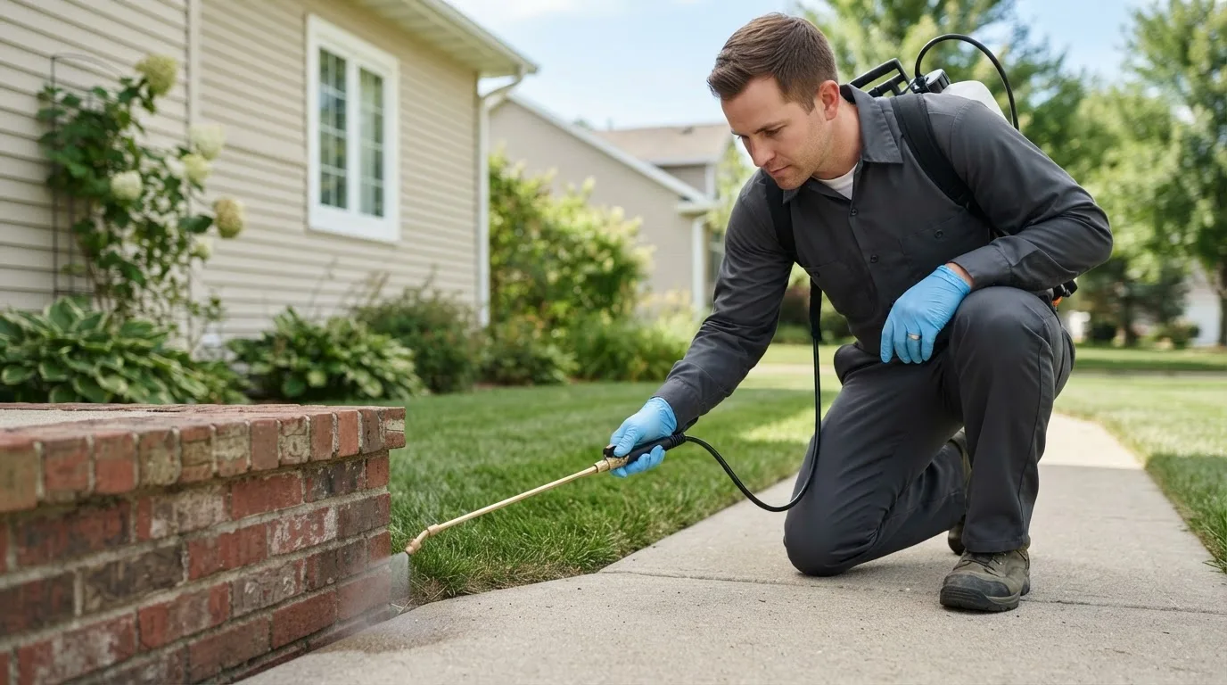 Pest control technician treating a home near Genoa City, WI