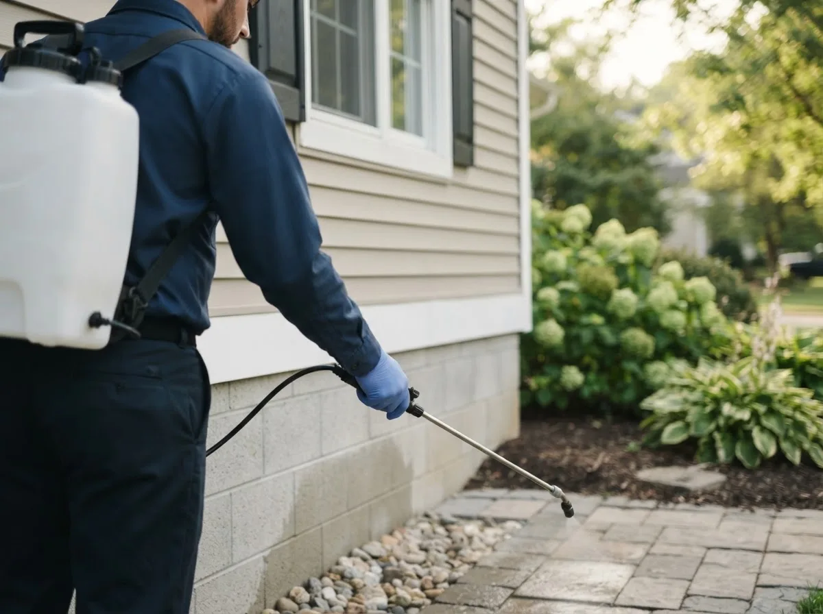 Pest control technician inspecting a home in Genoa City, WI